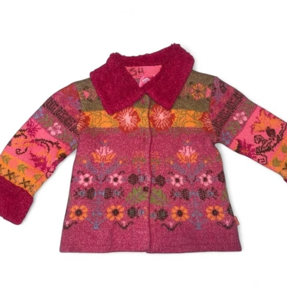 Oilily Pink orange wool folk chicken collared Floral Sweater cardigan age 3/4